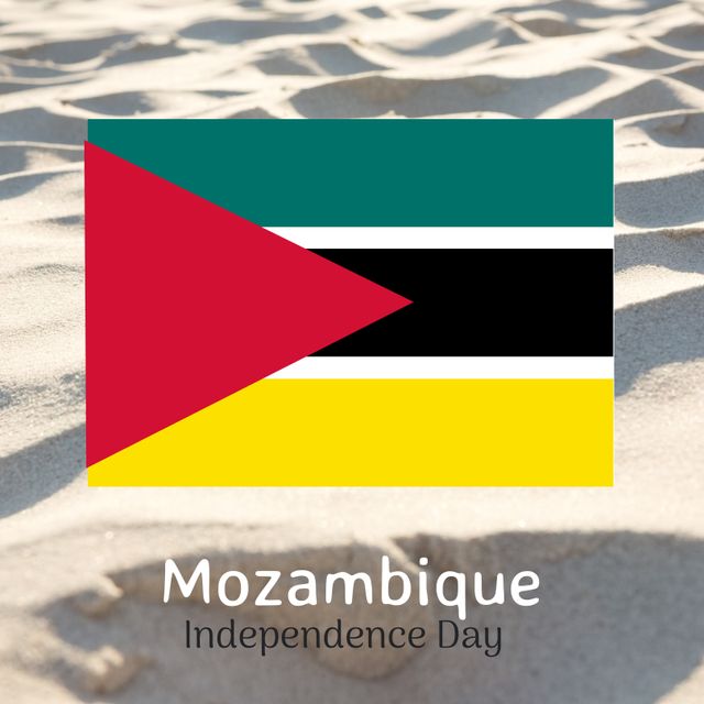 Composite of mozambique independence day text with national flag against sandy beach, copy space. nature, patriotism, celebration, freedom and identity concept.