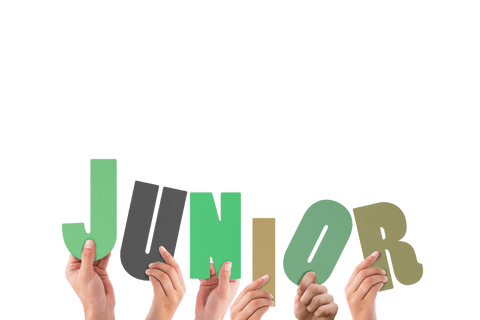 Transparent Hands Holding Colorful Junior Sign Against White Background