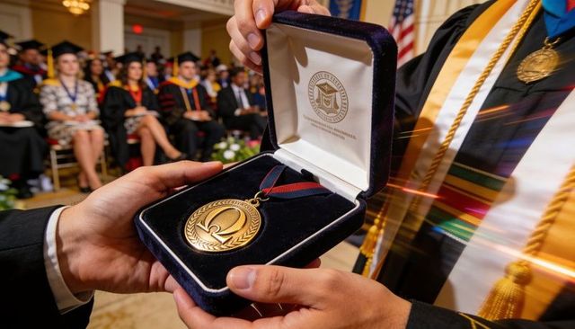 Faculty presenting gold medallion in navy velvet box during graduation convocation ceremony