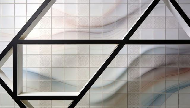 Dark matte metal geometric frame crossing ceramic tile wall featuring pastel wave mural