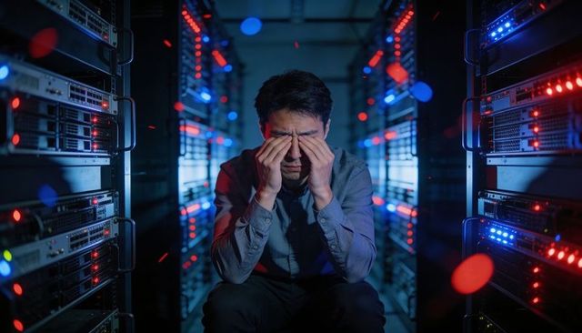 Late-night it technician exhaustion in server aisle with blinking leds and network racks