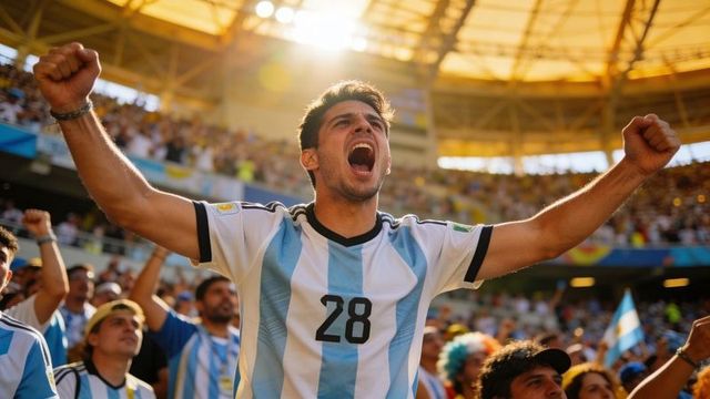 Argentinian football supporter celebrating, raising fists in sunlit stadium wearing number 28 jersey