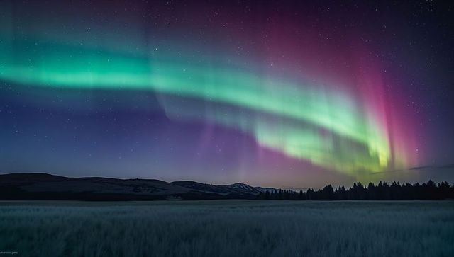 Arcing aurora borealis dancing across starlit night sky over snowy northern plains