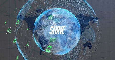 Holographic Earth Interface Featuring SHINE CO and Futuristic Icons