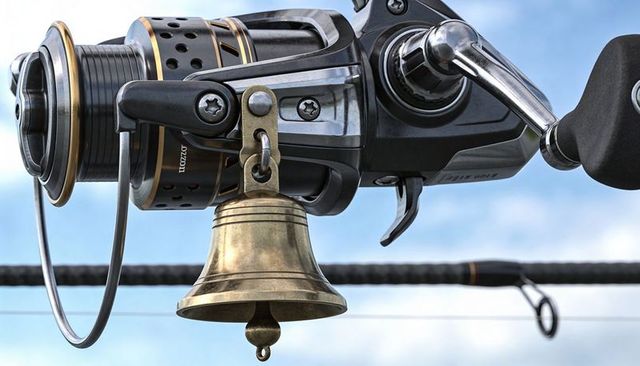 Gunmetal spinning reel rotating on carbon-fiber rod with antique brass bell macro detail