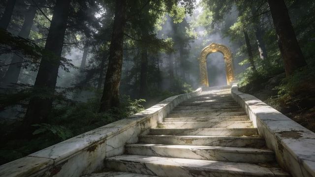 Sunlit marble stairway ascending through misty forest to gilded archway