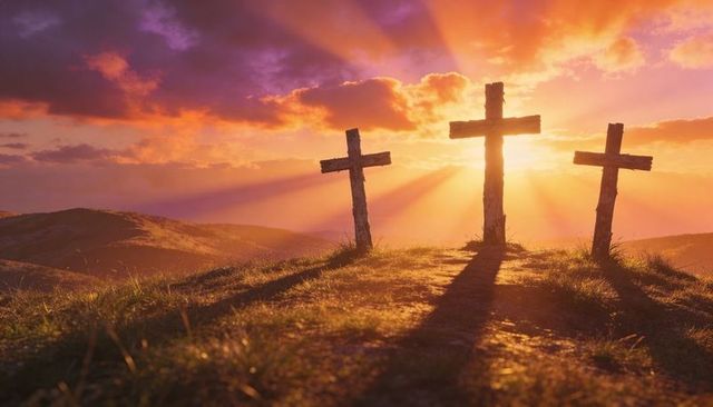 Three wooden crosses on hilltop at sunset with sunbeams and dramatic golden sky