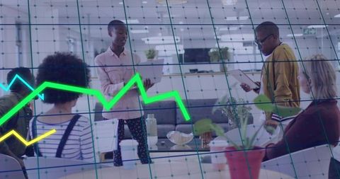 Young Professional Presenting Data to Team in Modern Office with Digital Analytics Overlay