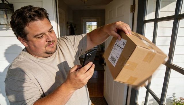 Scanning parcel at front door with smartphone capturing shipping label barcode in sunlight