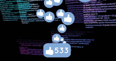 Digital thumbs-up icons rising over code background