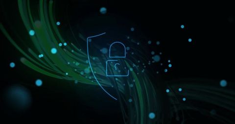 Neon padlock shield over flowing light trails representing cybersecurity, data encryption