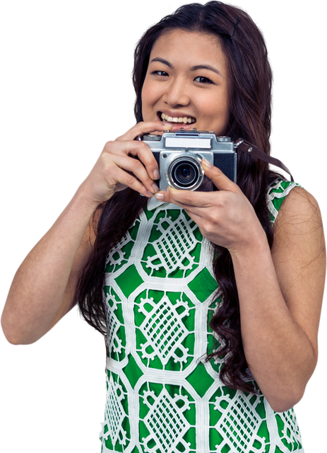 Smiling Asian Woman Holding Digital Camera on Transparent White Background - Download Free Stock Videos Pikwizard.com