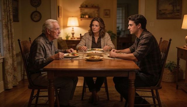 Three-generation family sharing quiet home-cooked dinner around wooden dining table