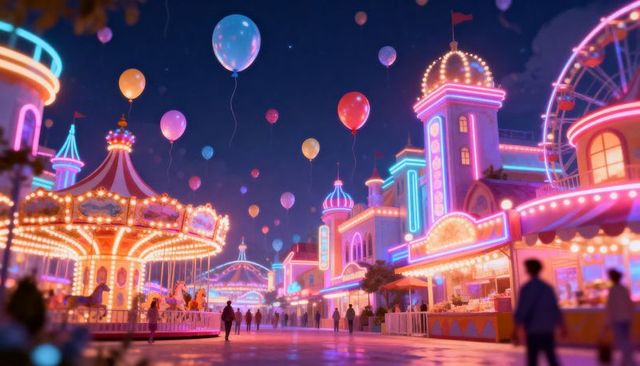 Walking visitors on neon carnival promenade at night with carousel, ferris wheel and balloons