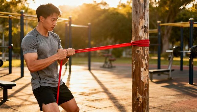 Young man exercising with red resistance band outdoors at sunset for strength training