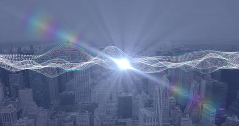 Digital Wave Over Metropolitan Cityscape with Light Rays