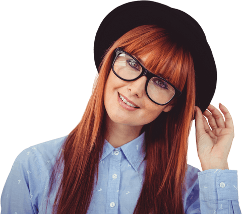 Smiling Hipster Woman with Red Hair Wearing Glasses and Hat