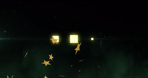Hovering neon square trio with gold star confetti over green nebula glow