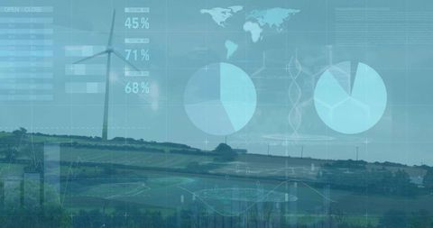 Wind turbine data overlay visualizing renewable energy impact on rolling farmland and maps
