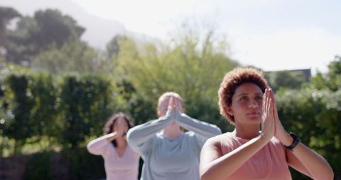 Diverse Women Group Practicing Yoga Outdoors with Focus on Well-Being
