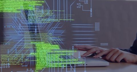 Caucasian Woman Typing on Laptop with Virtual Circuit Board Graphics - Download Free Stock Images Pikwizard.com
