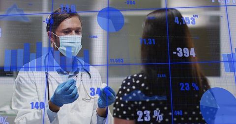 Doctor preparing injection with digital health data overlays showing patient statistics
