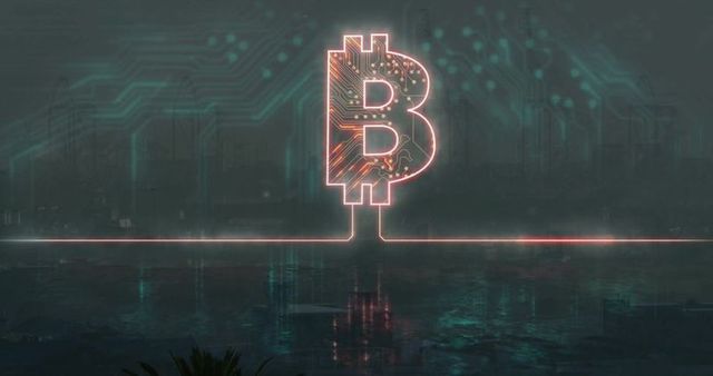 Neon bitcoin logo with futuristic urban night vision