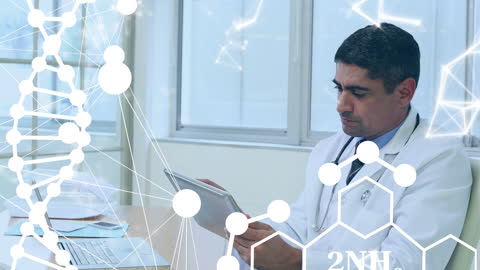 Doctor Analyzing Data with Futuristic DNA and Chemical Visuals