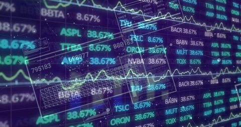 Futuristic Digital Stock Market Dashboard with Floating Tickers