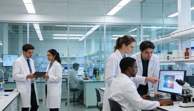 Multidisciplinary Research Team Collaborating on Data Visualization in Modern Laboratory
