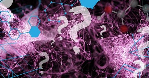 Abstract Futuristic Network with Swirling Magenta Trails and Question Marks