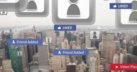 Social Media Overlay Concept Over Cityscape Skyline
