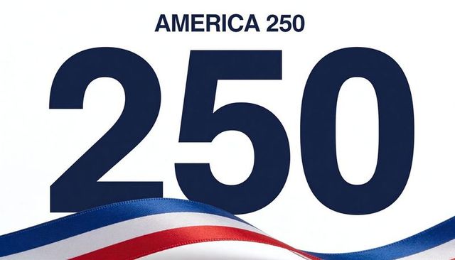 America 250 semiquincentennial bold navy numerals with waving red white blue ribbon