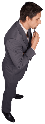 Serious Businessman Holding Pen on Transparent Background Isolated