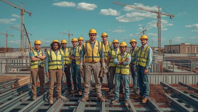 Construction crew standing on steel beams with cranes showing teamwork and safety leadership