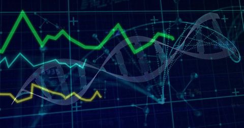 Dotted dna helix weaving through biotech analytics dashboard with colorful data graphs