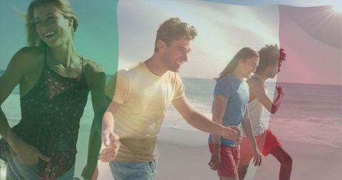 Smiling Friends Strolling Beach at Sunset