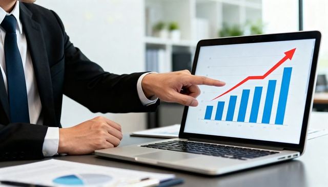 Executive Pointing at Laptop Displaying Rising Bar Chart with Red Growth Arrow for Business