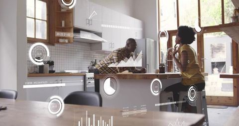 Couple chatting with ar overlays while leaning at sunlit modern kitchen island
