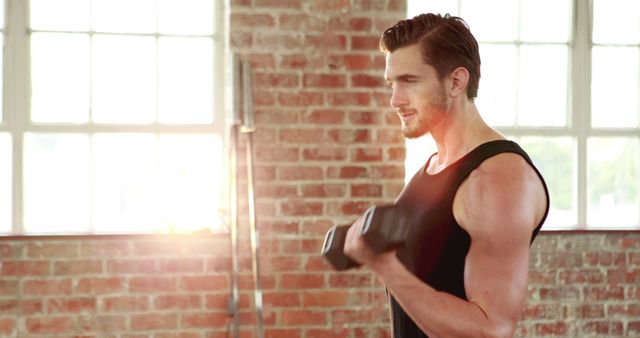 Man Lifting Dumbbells in Front of Sunlit Window at Gym - Download Free Stock Images Pikwizard.com