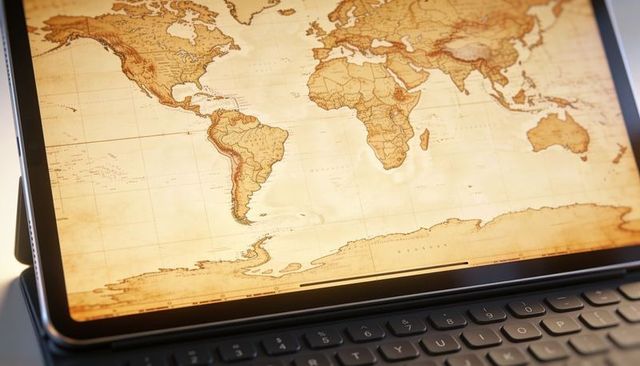 Tablet displaying antique world map on keyboard folio for travel and study