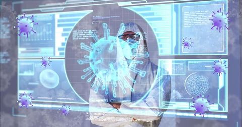 Scientist Analyzing COVID-19 Data with Advanced Digital Interface