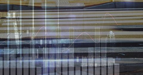 Urban financial data overlaying reflective striped platform with neon trading charts
