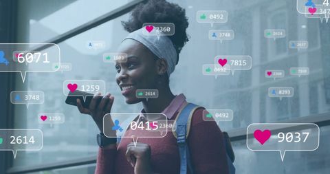 African American Woman Engaging with Smartphone and Social Media Icons Overlay - Download Free Stock Images Pikwizard.com