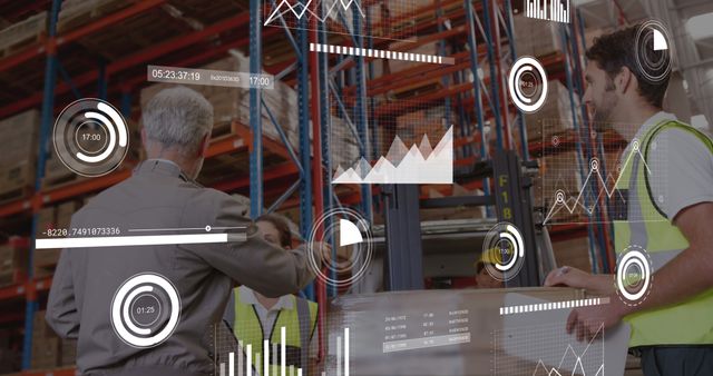 Warehouse workers wearing safety vests discussing digital data shown on transparent interfaces with graphs and charts in an industrial environment. This can be used for projects related to logistics, supply chain management, warehouse operations, and technology in industrial settings. Ideal for illustrating concepts of teamwork, productivity, and the integration of technology in modern industries.