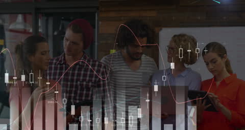 Diverse Team Discussing Financial Data Trends with Digital Overlay