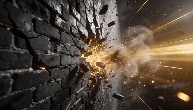 Brick wall shattering with golden sparks and flying debris, cinematic impact