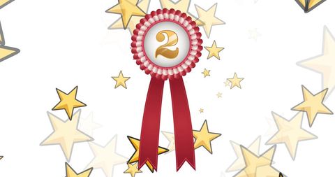 Second place rosette with red ribbon and floating golden stars