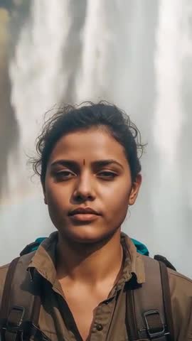Vertical travel portrait: Woman facing camera at waterfall wearing backpack with misty rainbow