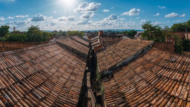 Panoramic terracotta rooftops forming converging ridges with brick chimneys under sunny sky